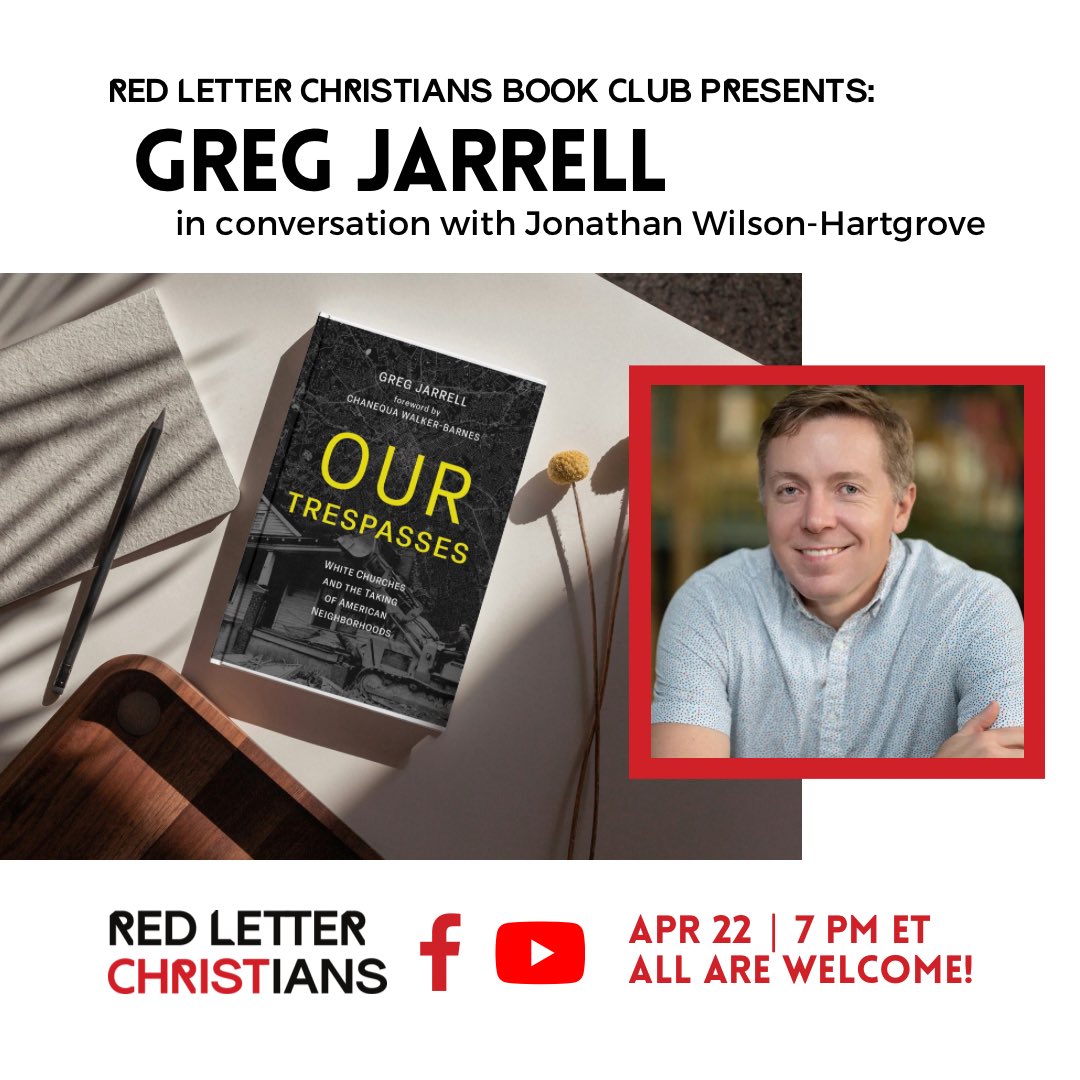 Join us on April 22 at 7 PM ET for RLC's April Book Club featuring @gregontuck in conversation with @wilsonhartgrove! We’ll be spotlighting Greg's book, 'Our Trespasses: White Churches and the Taking of American Neighborhoods.' Register to join here: us02web.zoom.us/meeting/regist…