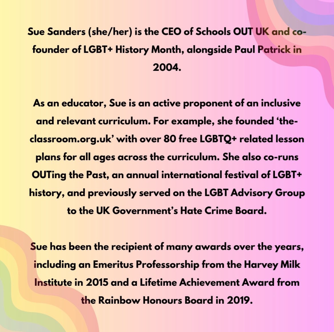 cqsconference's tweet image. 🎉SPEAKER ANNOUNCEMENT🎉

We are so excited to welcome Professor Emeritus Sue Sanders, co-founder of LGBT+ History Month and CEO of Schools Out UK, to #CQSC24

In-person and online tickets now available - link in bio!