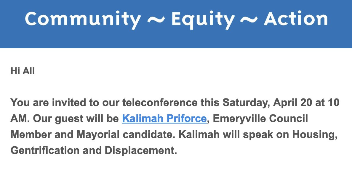 Good morning, folks -- it's Saturday, and thus time for another meeting of statewide NIMBY group Livable California! Today's guest is an Emeryville councilmember who will be talking about 'housing, gentrification, and displacement.' Oh boy! Grab some 🍿🧵 starts here!