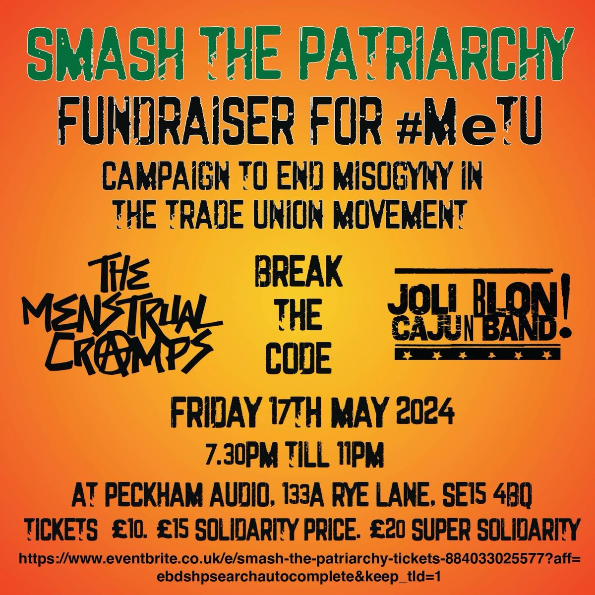 meTU (@metuwomen) on Twitter photo **Gig alert!** Time to get your tickets for Smash the Patriachy MeTU benefit night <a href="/Peckham_Audio/">Peckham Audio</a> on Friday 17 May . Its going to be an amazing night of women-led acts featuring Break the Code, Joli Blon Cajun Band and our fabulous headliner, The Menstrual Cramps <a href="/M_cramps/">The Menstrual Cramps</a> **Gig alert!** Time to get your tickets for Smash the Patriachy MeTU benefit night <a href="/Peckham_Audio/">Peckham Audio</a> on Friday 17 May . Its going to be an amazing night of women-led acts featuring Break the Code, Joli Blon Cajun Band and our fabulous headliner, The Menstrual Cramps <a href="/M_cramps/">The Menstrual Cramps</a>