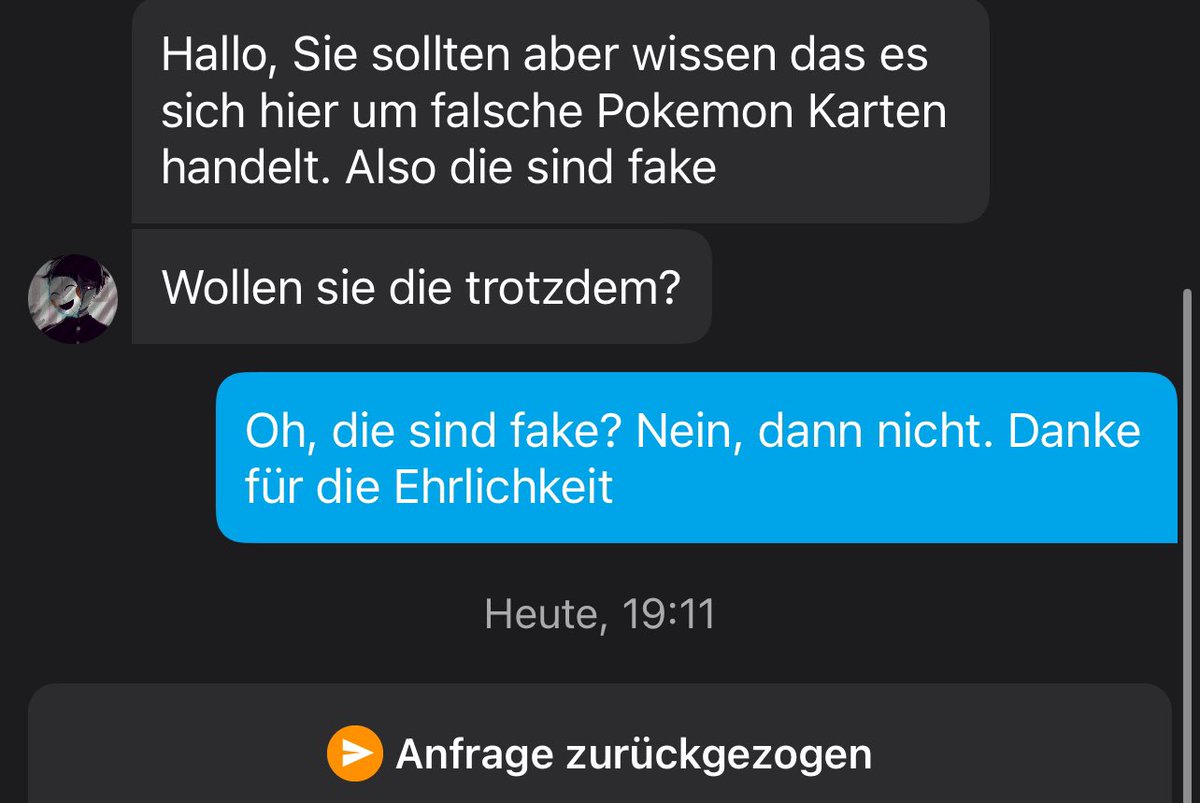 schmier316's tweet photo. Es gibt doch noch Hoffnung in die Menschheit. Ich hab mir gedacht, ich hätte da einen Hammer Deal. Wenigstens war er ehrlich. #pokemontcg #Kleinanzeigen https://t.co/eUzYqrXc4o
