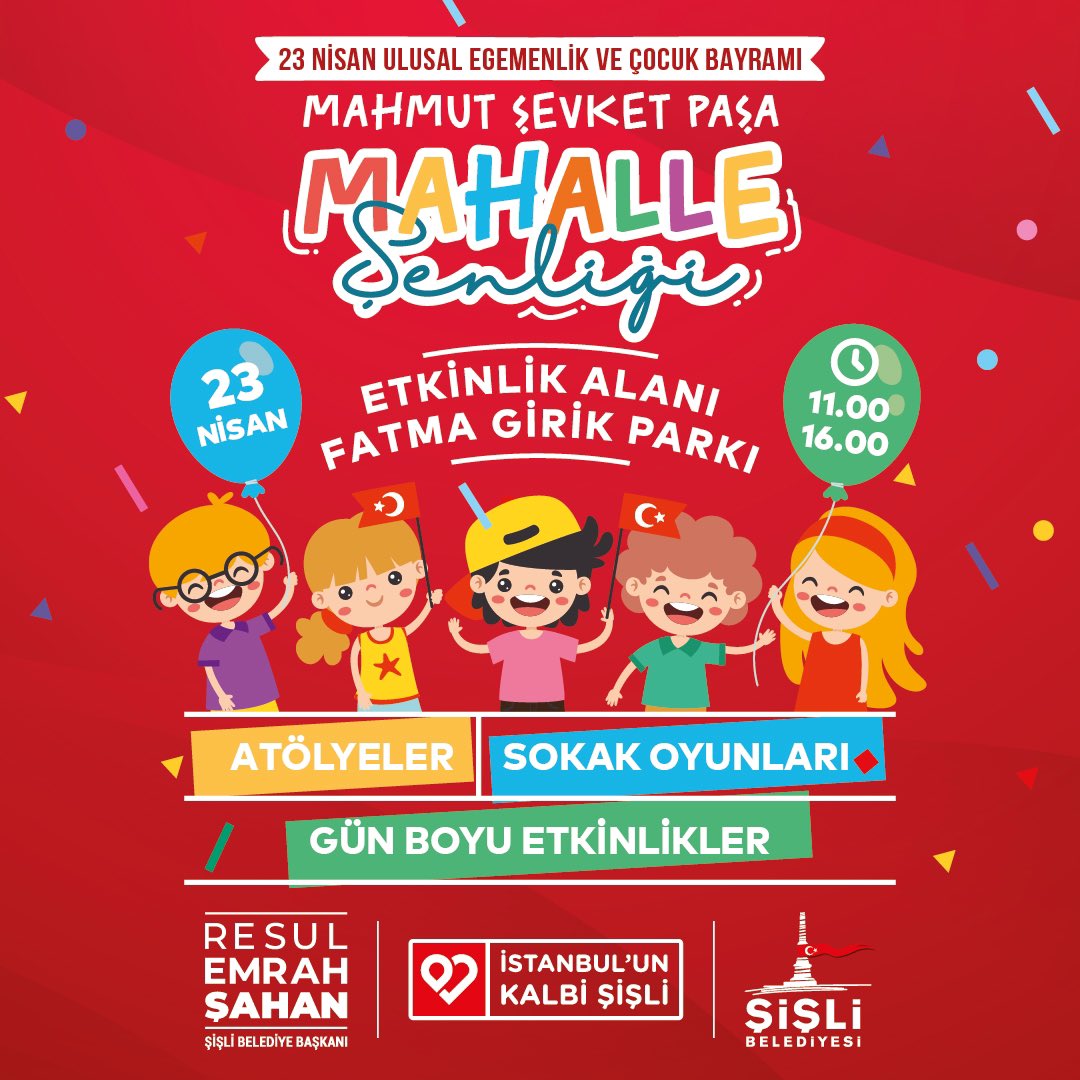 Gazi Mustafa Kemal Atatürk’ün çocuklarımıza armağanı 23 Nisan Ulusal Egemenlik ve Çocuk Bayramımızı Mahmut Şevket Paşa Mahallemizde de dopdolu bir programla kutluyoruz. Tüm çocuklarımızı en mutlu bayramımızı birlikte kutlamaya, atölyeler ve eğlenceli etkinliklerde buluşmaya