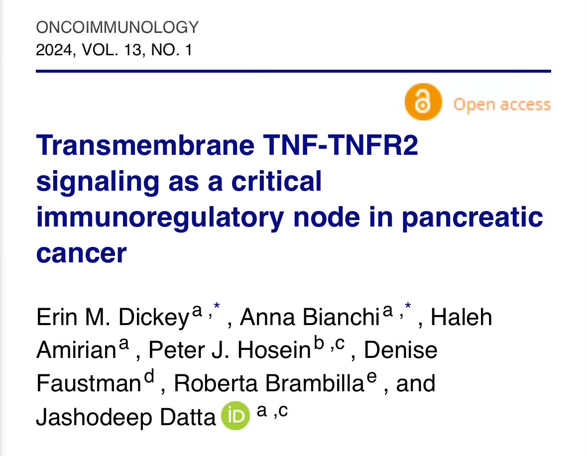🚨Pls read Author View article #DattaLab in OncoImmunology @tandfonline👉🏽bit.ly/3PiX6pL—co-led by @DrEMDickey & @anna_bianchi22, highlighting our published (@CD_AACR👉🏽bit.ly/3lJoIZy)& future efforts in exploring role of tmTNF-TNFR2 signaling in #PancreaticCancer