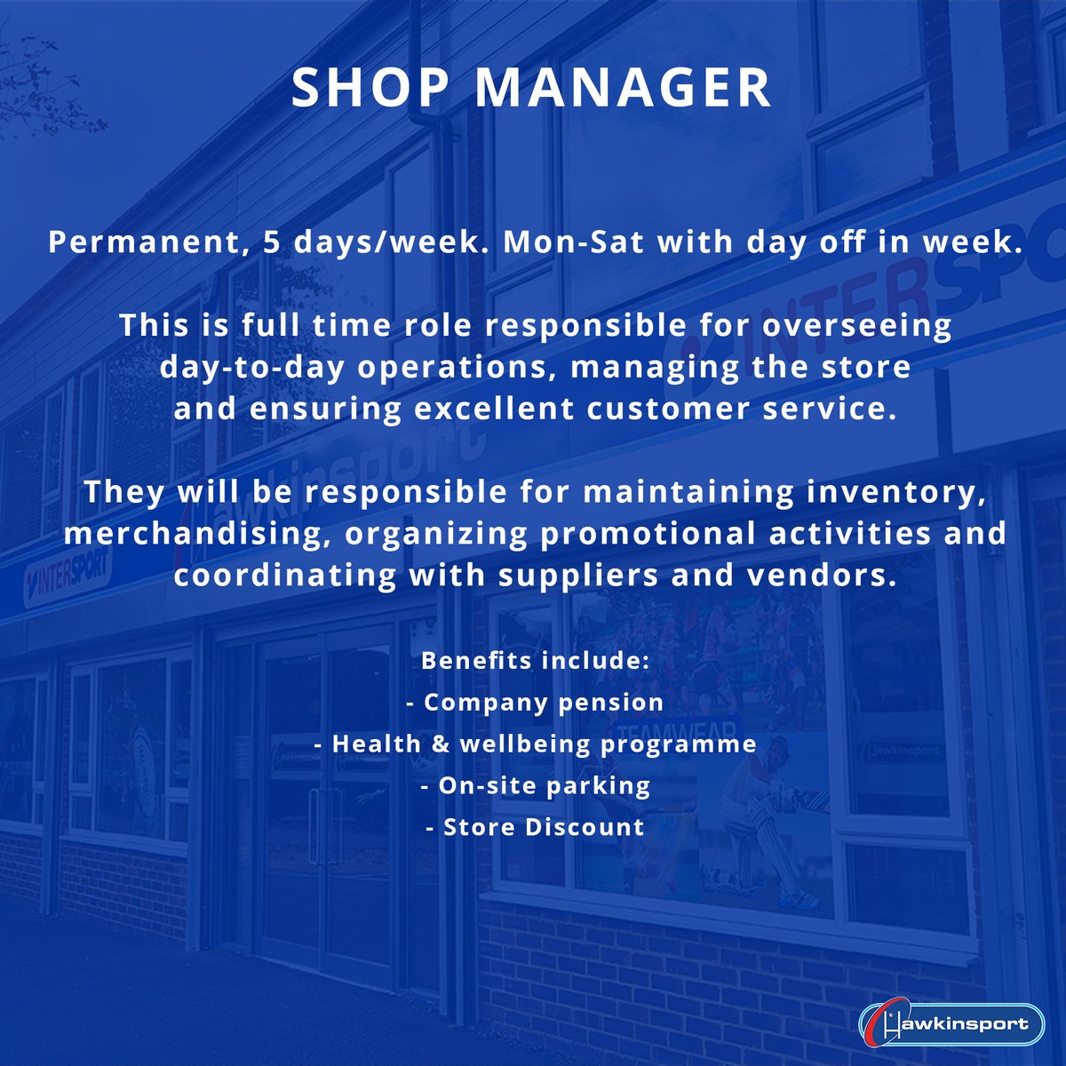 NEW JOB OPPORTUNITY! 

We are looking for a SHOP MANAGER at Hawkinsport HQ. 

Head over to our website for more details. 

Please send CV & covering letter to liz@hawkinsport.co.uk

#jobs #shopmanager #retailjobs #retail #hawkinsport