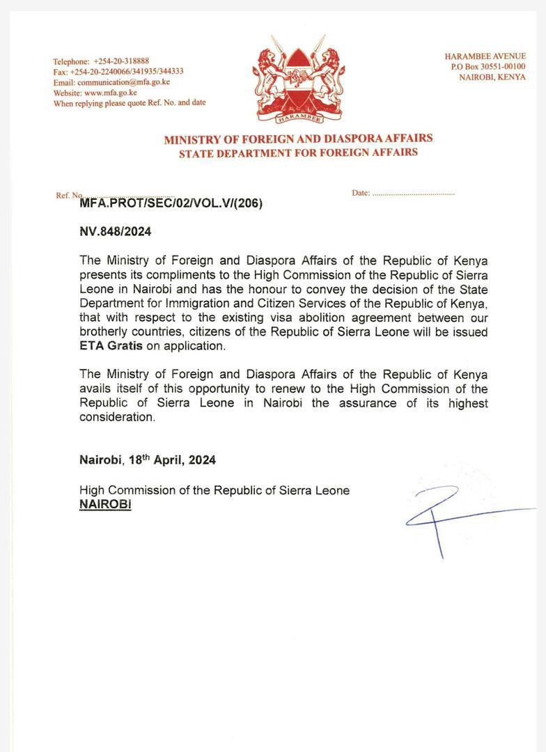 We are glad that the Sierra Leone Government has negotiated with the Kenya Government to waive the $30 ETA fee charged to Sierra Leoneans visiting Kenya. Great. We raised this issue about a month ago, and we called on the government to act. #WeEngage @TimKabba