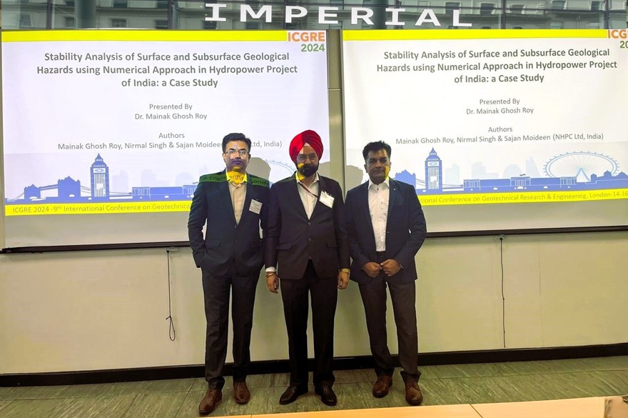 #NHPC team of Sh. Nirmal Singh, ED (Parbati-II), Dr. Mainak Ghosh Roy, SM (Geo), & Sh. S. Moideen, GM (Mech) presented paper on “Stability Analysis of Surface & Subsurface Geo Hazards using Numerical Approach in Hydropower Project of India-a Case Study” at ICGRE 2024 (London).