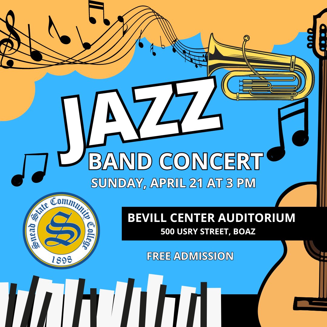 The Jazz Band Concert is this Sunday, April 21! Join us at 3 PM in the Bevill Center Auditorium. #SneadState #CommCollege