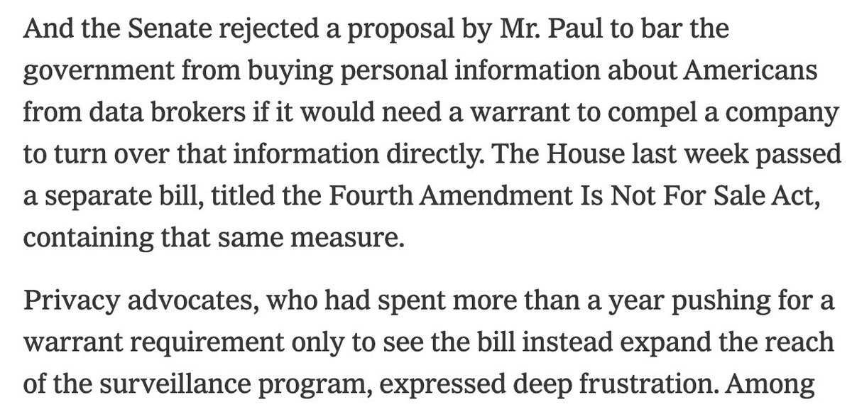 Before voting to extend the govt's authority to search Americans private communications without a warrant yesterday, Susan Collins and Angus King both voted to let federal officials pay data brokers to get info on Americans they'd otherwise need a warrant to obtain. #mepolitics