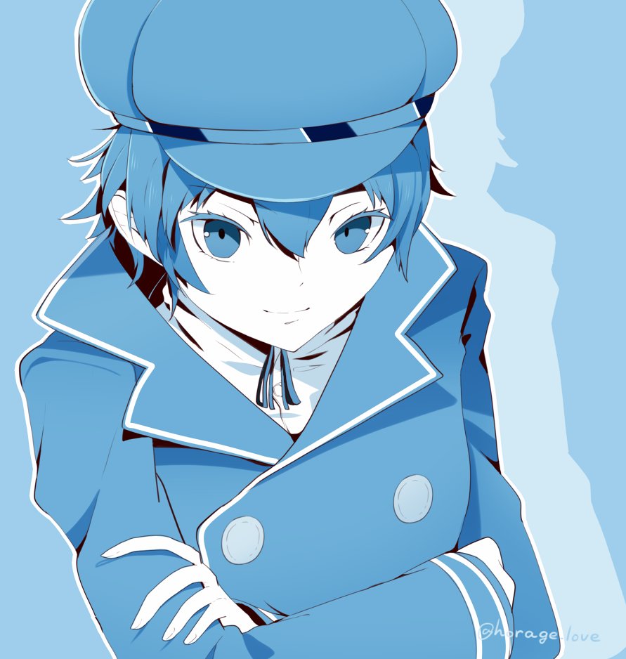 shirogane naoto 1girl solo looking at viewer smile short hair blue eyes simple background  illustration images