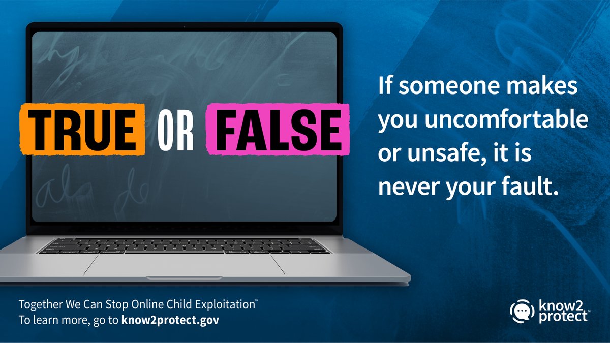 TRUE or FALSE? If someone makes you feel uncomfortable or unsafe, it’s #NeverYourFault. The answer is TRUE. It is never your fault. If you ever feel embarrassed or ashamed, tell a trusted adult, like a teacher, coach or parent. #NeverYourFault #OnlineSafety #K2P