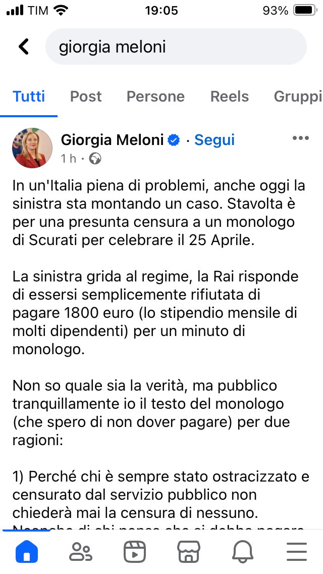 In un Italia piena di problemi…Meloni posta l’intervento di Scurati che la Rai controllata dal governo ha censurato. Lo fa con il solito vittimismo, dando la colpa alla…sinistra e con un populismo da quattro soldi sul compenso (basso) di Scurati. Meloni dovrebbe vergognarsi!😡