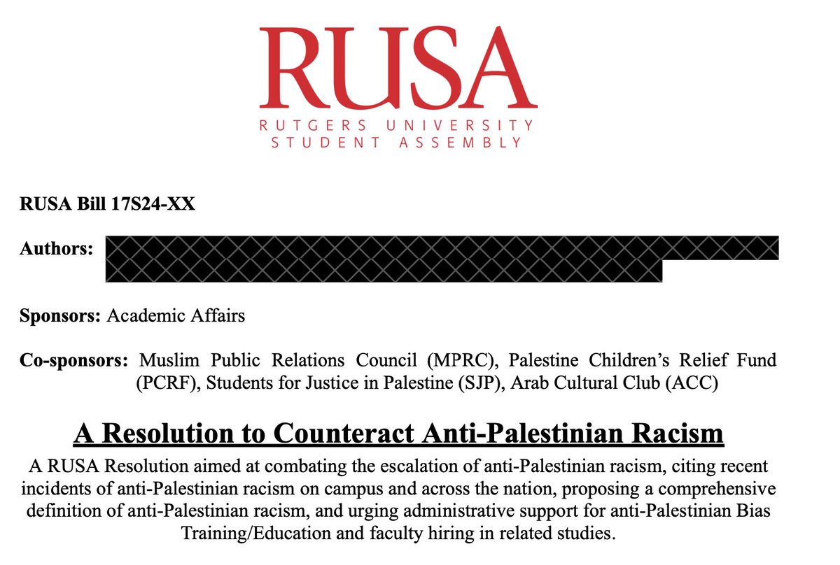 From @SJPRutgersNB's IG: '(This week, Rutgers students passed) 2 bills defining Islamophobia and anti-Palestinian racism. In a crushing 15 to 3 vote, Rutgers Student Assembly (RUSA) became THE FIRST STUDENT ASSEMBLY to adopt a definition of anti-Palestinian racism.'