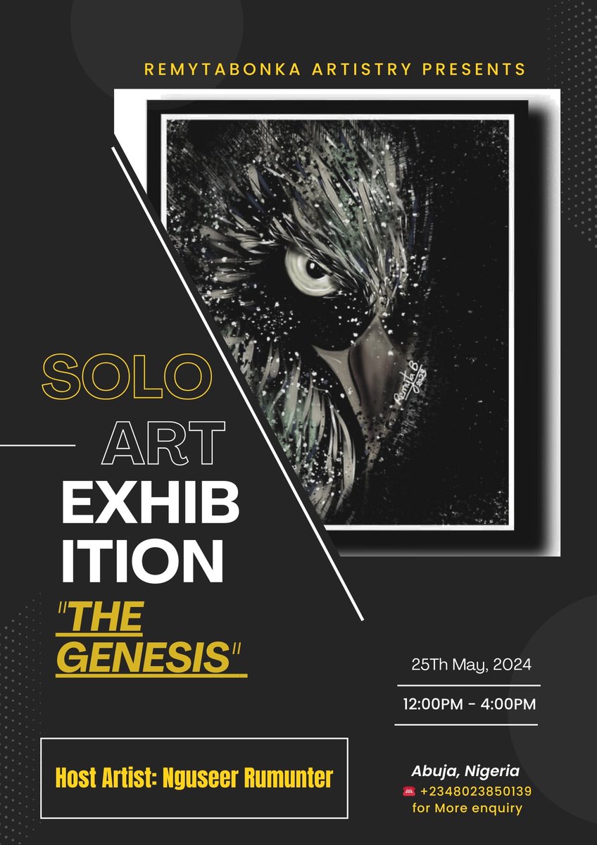 From Dream to Reality🎉
My first solo exhibition 
Join me on as we explore the realm of creativity and imagination of “ THE GENESIS”

Indeed, this is one step for Nguseer,
One giant leap for Remyta .B. Artistry.

#art #artontwitter #soloexhibition #gallery #visualartist #artwork