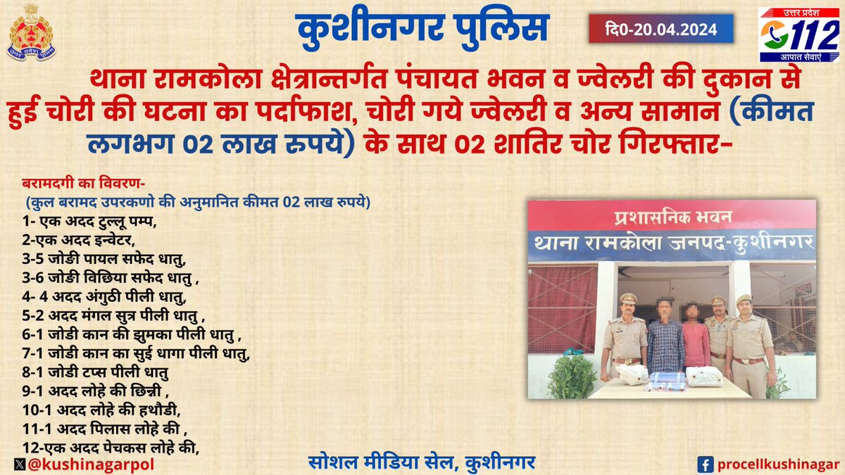 kushinagarpol's tweet photo. #SP_KSN
@dhawalips
के निर्देशन में थाना रामकोला क्षेत्रान्तर्गत पंचायत भवन व ज्वेलरी की दुकान से हुई चोरी की घटना का पर्दाफाश, चोरी गये ज्वेलरी व अन्य सामान (कीमत लगभग 02 लाख रुपये) के साथ 02 शातिर चोर गिरफ्तार- #uppolice https://t.co/MBGHjn7ODd
