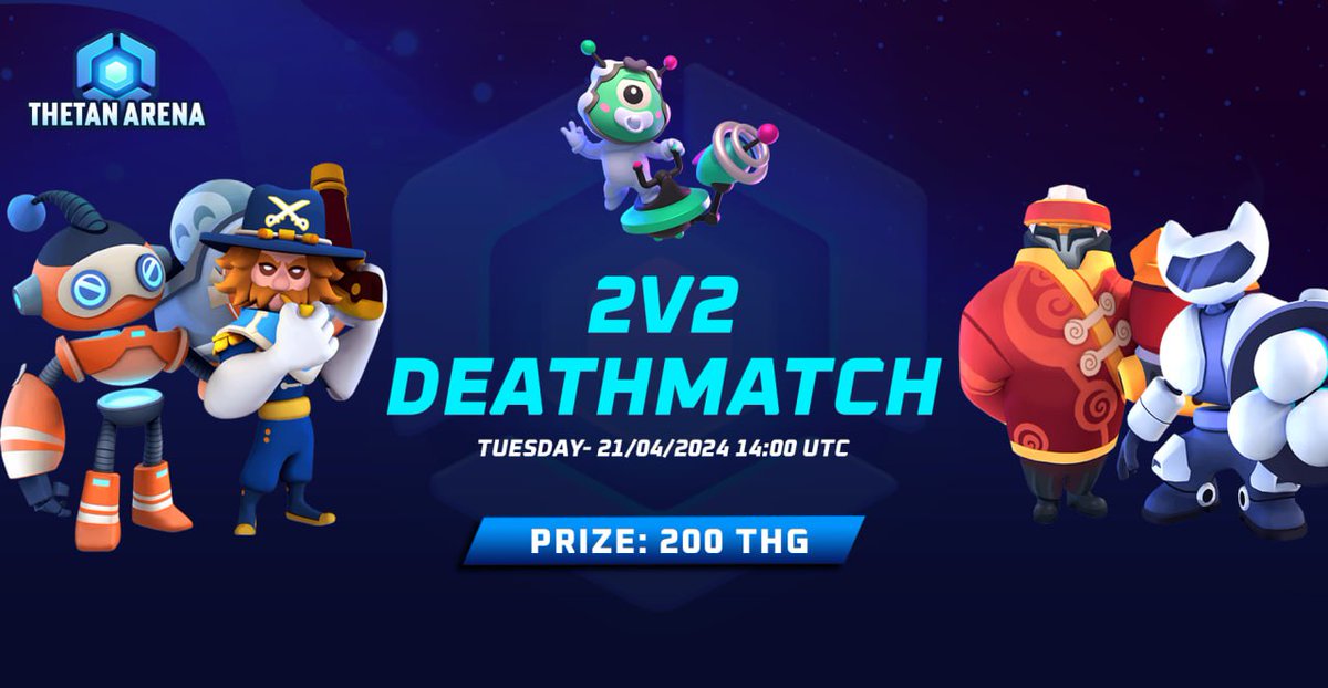 ThetanArena's tweet photo. 2️⃣🔠2️⃣🔠🔠🔠🔠🔠🔠🔠🔠🔠🔠

☁️ Date: Sunday - 21/04/2024 14:00 UTC
💰 Prize Pool: 300 THG 
Winner: 200 THG
viewer: 2x50 THG
▶️ Livestream: Watch the intense battles unfold!
 ⚠️Maximum Teams: Limited to 8 teams
⚡️Registration: The registration form will be sent Today 20/04 at 14:00 UTC in Discord #tournament category (https://t.co/yDdTM5huw5)

🌟 Rules:
⭐️Teams consist of 2 players.
⭐️No duplicate hero or skill selections allowed.
⭐️Each round comprises 2 matches, Servers are selected by the admin (fairly).
⭐️ Heroes : common Marksman
( BIG PAPA - STEEL SHOT - DESTROID - CULIEN - CLUSTER)

Get ready to dominate the battlefield with your teammate! be ready for Sign up and show off your skills in the ultimate 2v2 showdown! 👀
#Thetaarena #Thetanworld #Tournament