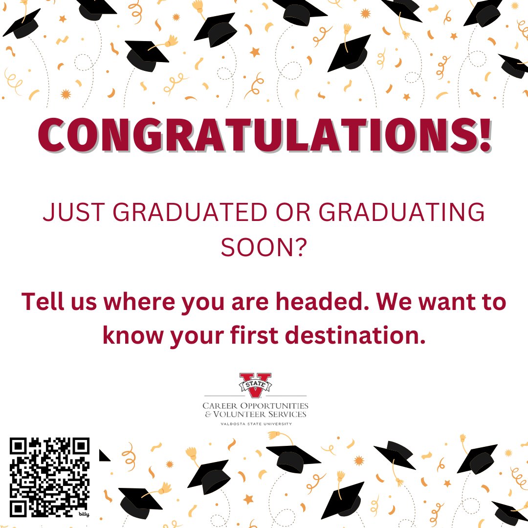 Many of our spring 2024 graduates have big plans after Commencement, and VSU's Office of Career Opportunities and Volunteer Services wants to know your first destination. Tell us all about it here: bit.ly/3UmCAYa 🎓 #VStateGrad