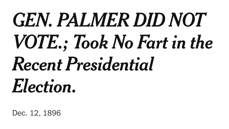 A guy I like on Twitter (@airbagmoments) wondered if the New York Times had ever printed the word “fart.” So I searched the NYT online archive. The answer is sure, lots of times. But some of the instances that came up in my search seem to be scanning errors, like this from 1896: