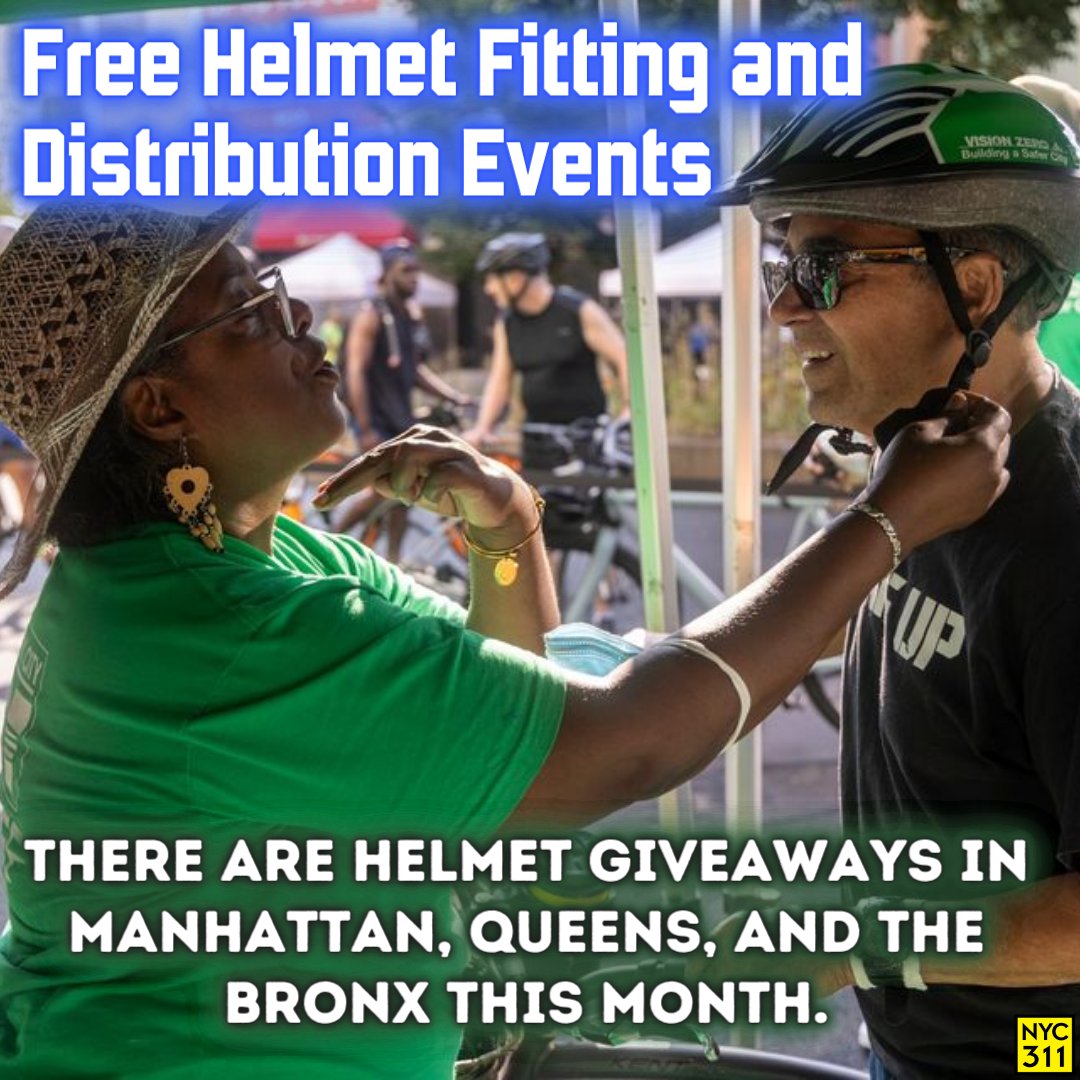 Helmet Giveaways! 📅 Apr 20, Manhattan 📅 Apr 21, Manhattan 📅 Apr 27, Queens 📅 Apr 28, Bronx DOT partners with local orgs for free fittings citywide. Attendees must be present & sign a waiver. For kids under 18, parent/guardian's signature required. on.nyc.gov/BikeHelmet