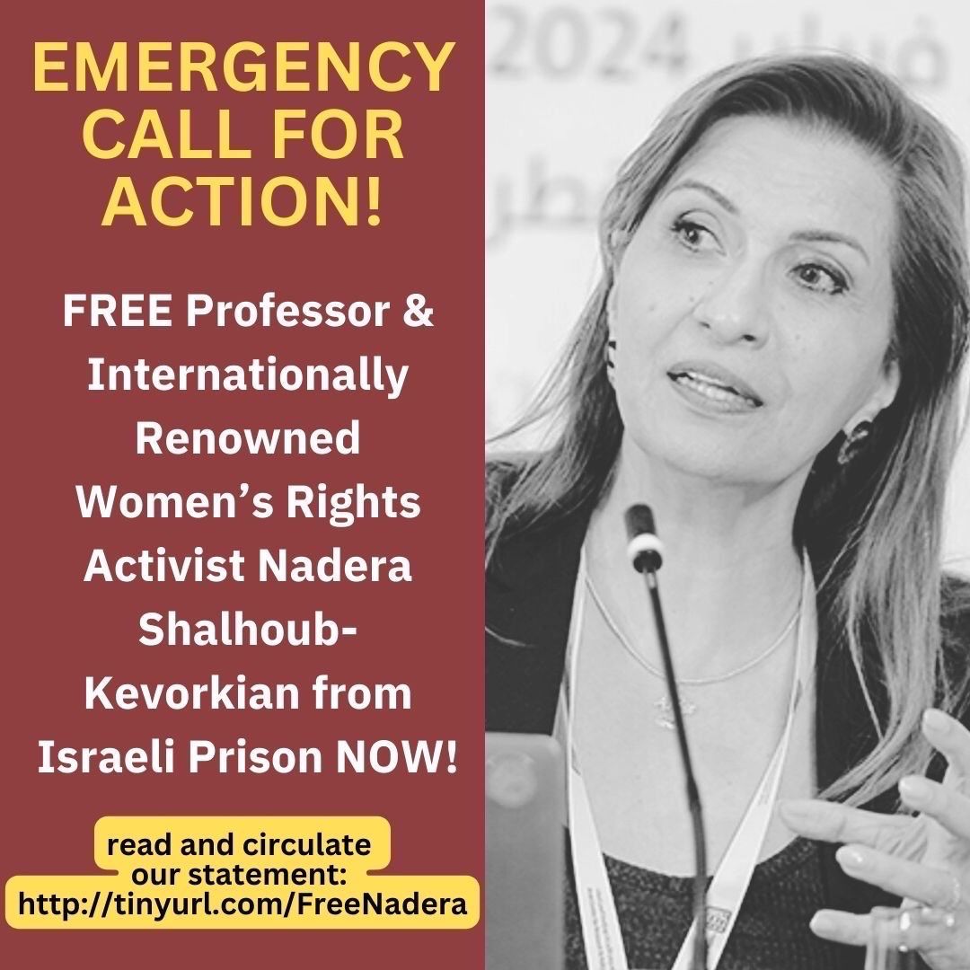 On Apr 18, internationally renowned scholar Nadera Shalhoub-Kevorkian was arrested by Isra*li police at her home. This is an attack on all scholars & activists who bring to light the violent & gen0cidal nature of the Isra*li state. Read & share tinyurl.com/FreeNadera #FreeNadera