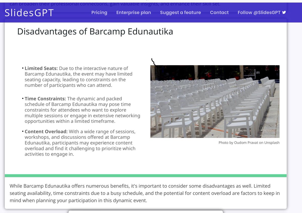 KI basierte Präsentationen zur #edunautika benennen klar die Nachteile unsere Barcamps aus denen die Vorteile wiederum hervorragend ableitbar sind. #sharingiscaring #networking #barcamp Es macht großen Spaß hier!