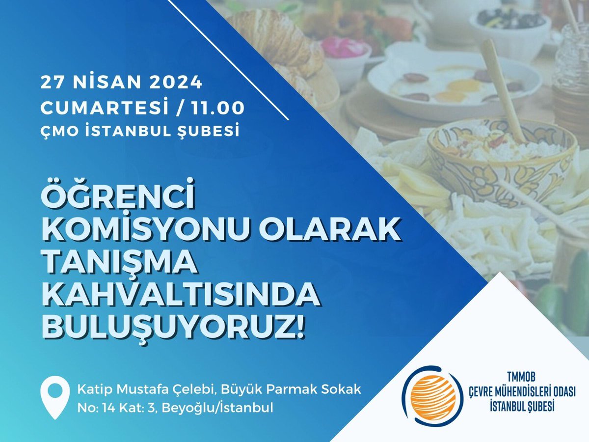 📣 Öğrenci Komisyonumuz kahvaltıda buluşuyor☕️🥪 🔔Tanışma kahvaltımıza tüm öğrenci dostlarımızı bekleriz🌻 🗓️27 Nisan 2024, Cumartesi 🕣11.00 📍ÇMO İstanbul Şubesi, Katip Mustafa Çelebi Mah. Büyükparmakkapı Sokak No:14/3 Beyoğlu