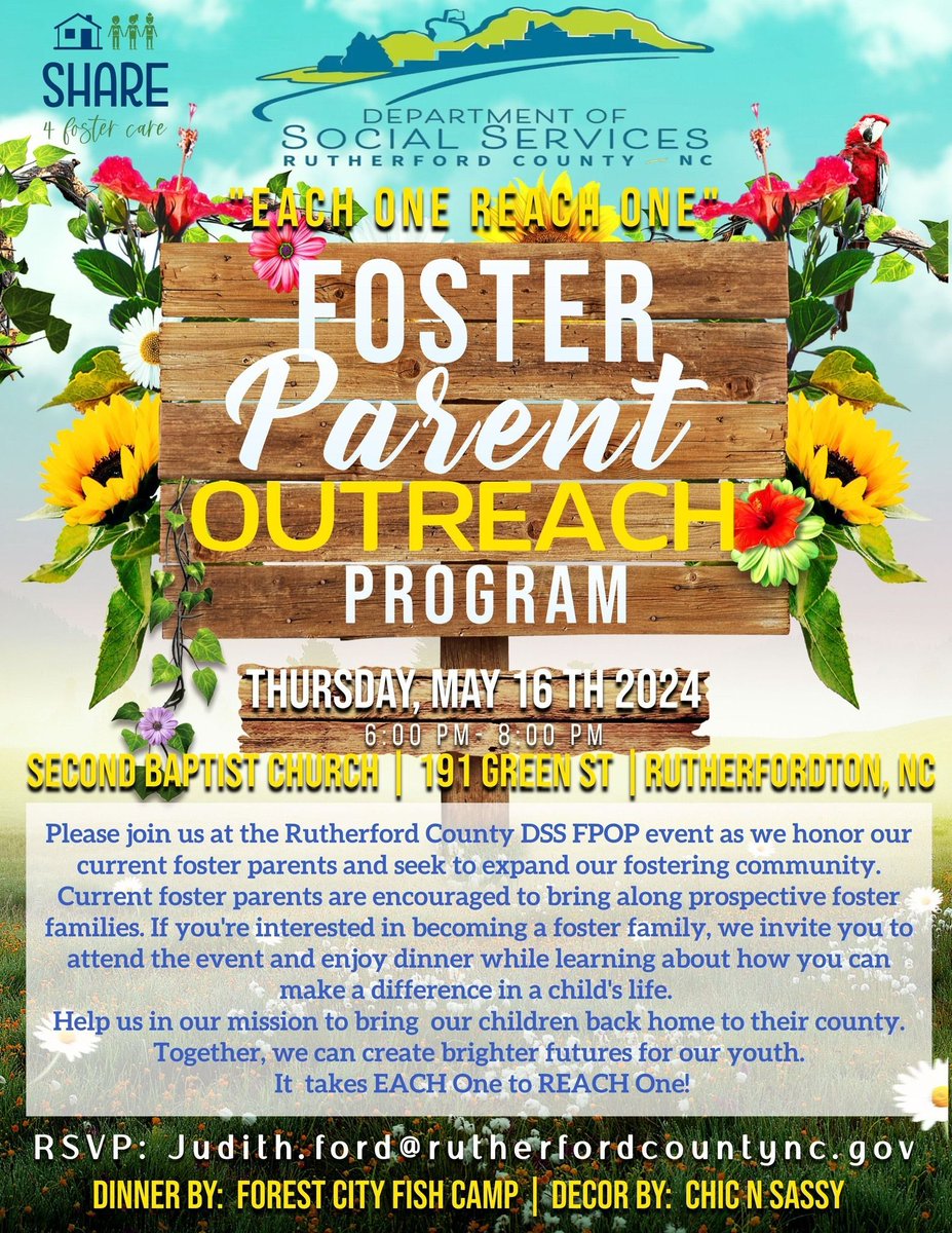 Spread the word about this event! 

🗓️ Thursday, May 16th- 6-8pm
📍 Second Baptist Church- 191 Green St, Rutherfordton, NC

👇🏼 Share with everyone that might be interested!

#FFA #fostercare #fosterfamilies #lovemakesafamily #socialworker #fosterfamily #FosterEvent