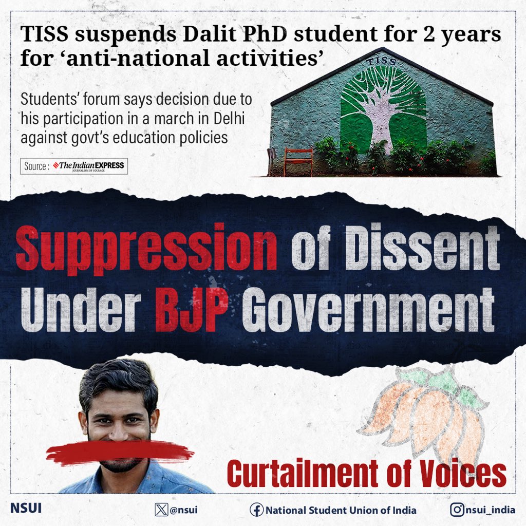 nsui's tweet photo. TISS Suspends PhD Student for Alleged Anti-National Activities

A Troubling Pattern of Silencing Dissent and Curtailing Academic Freedom Under the BJP Government's Rule? https://t.co/D4xMZ4tKZ2