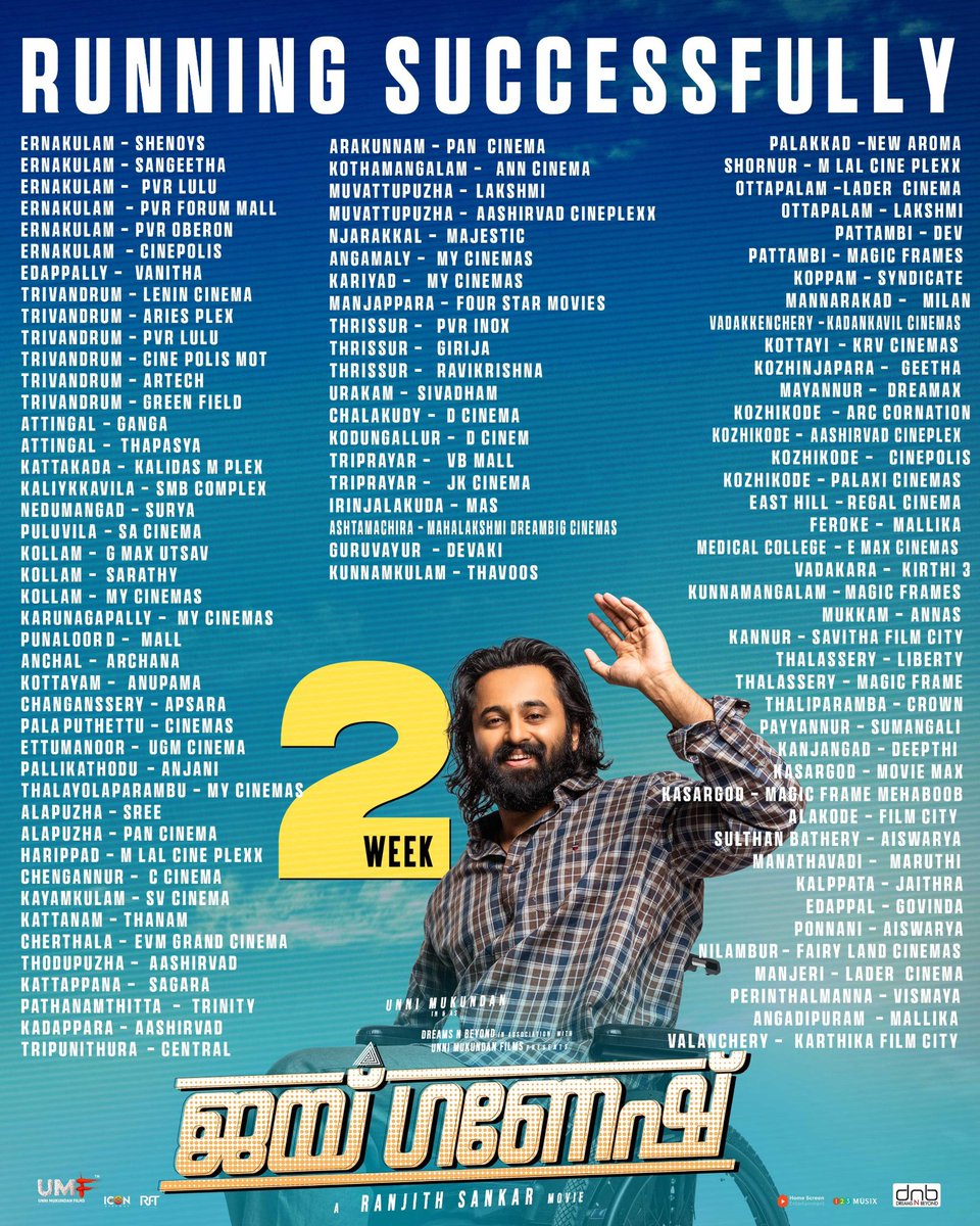 #JaiGanesh running successfully all over the world!! Here is the 2nd week Kerala theatre list!