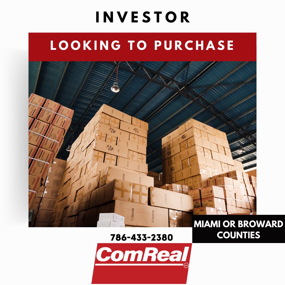 #Investor looking to purchase #WarehouseSpace in #MiamiDade or #Broward County.
Size: 50,000 SF and above
Vacant or Occupied
#AllCash
Short Due Diligence
If you have an #industrialproperty pls call us.

#RETwit #IndustrialRealEstate #SouthFloridaRealEstate #industrialbroker