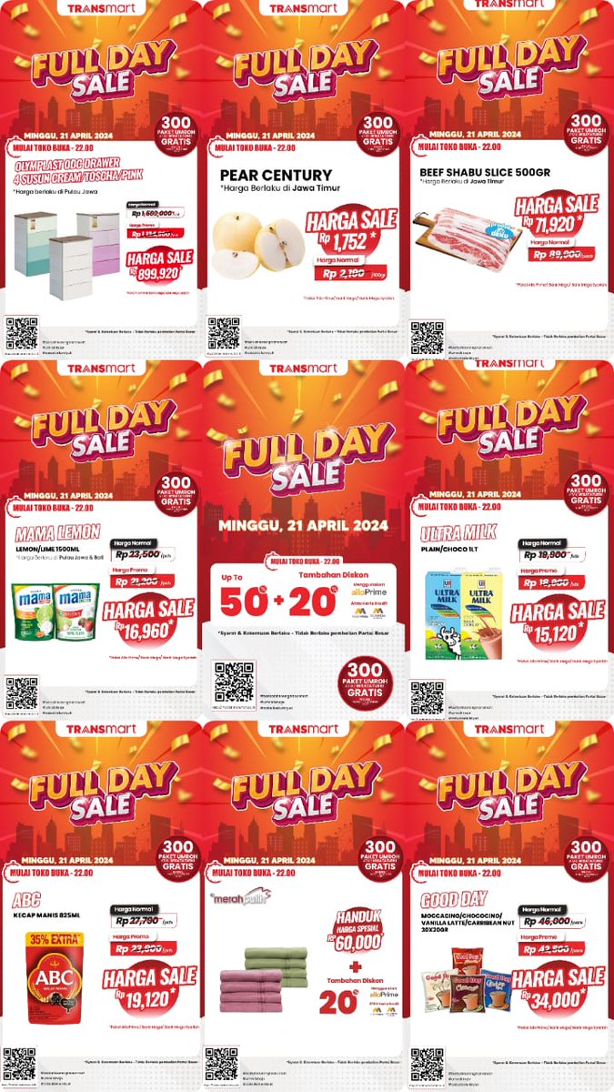 ikuti Program Paket 300 Umroh/Wisata Turki GRATIS‼️WAW kesempatan emas ni untuk 100 Pemenang di Pengundian Pertama💰Perbesar peluangmu dengan belanja terus di #Transmart 
Tentunya DIJAMIN PASTI MURAH MERIAHHH Don't miss out FULL DAY SALE di seluruh gerai #TransmartIndonesia 🇲🇨