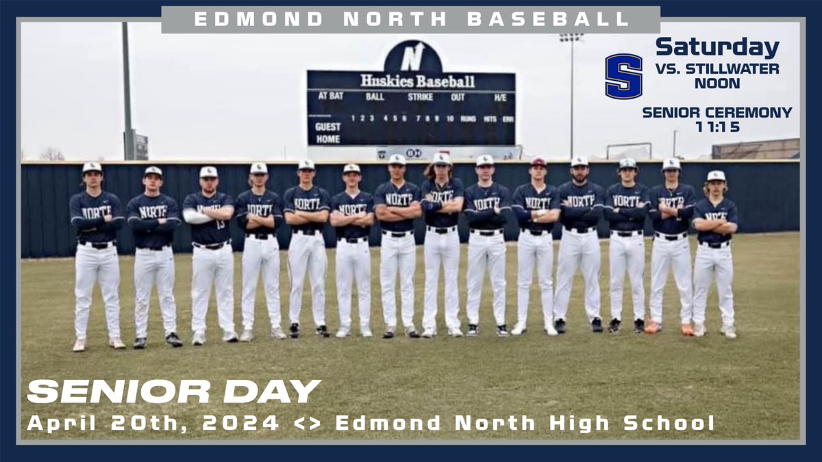Edmond North Baseball hosts Stillwater today at noon on Senior Day! Senior recognition starts at 11:15! #HuskyNation #uN1ty @EdNorthBaseball @edmondnorthbaseball