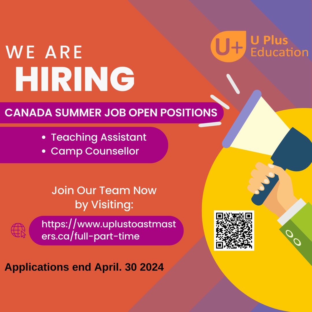 🌟 Calling all enthusiastic individuals! 🌞 Join our team this summer as a Teaching Assistant or Camp Counsellor and be a part of creating unforgettable experiences for young minds. Apply now at uplustoastmasters.ca/full-part-time #SummerJobs #TeachingAssistant #CampCounsellor