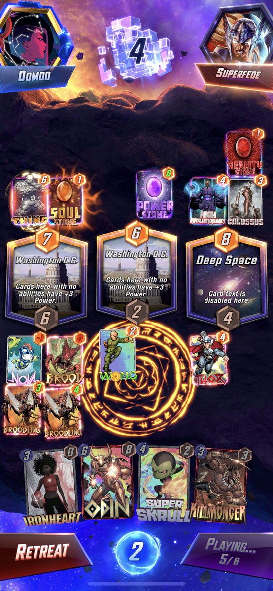 Eluzzion's tweet photo. @MARVELSNAP this game took 7mins to end. Thing didn’t know what to do with High Evolutionary being in deep space. Everything was slow/laggy https://t.co/UDzecIsmmp