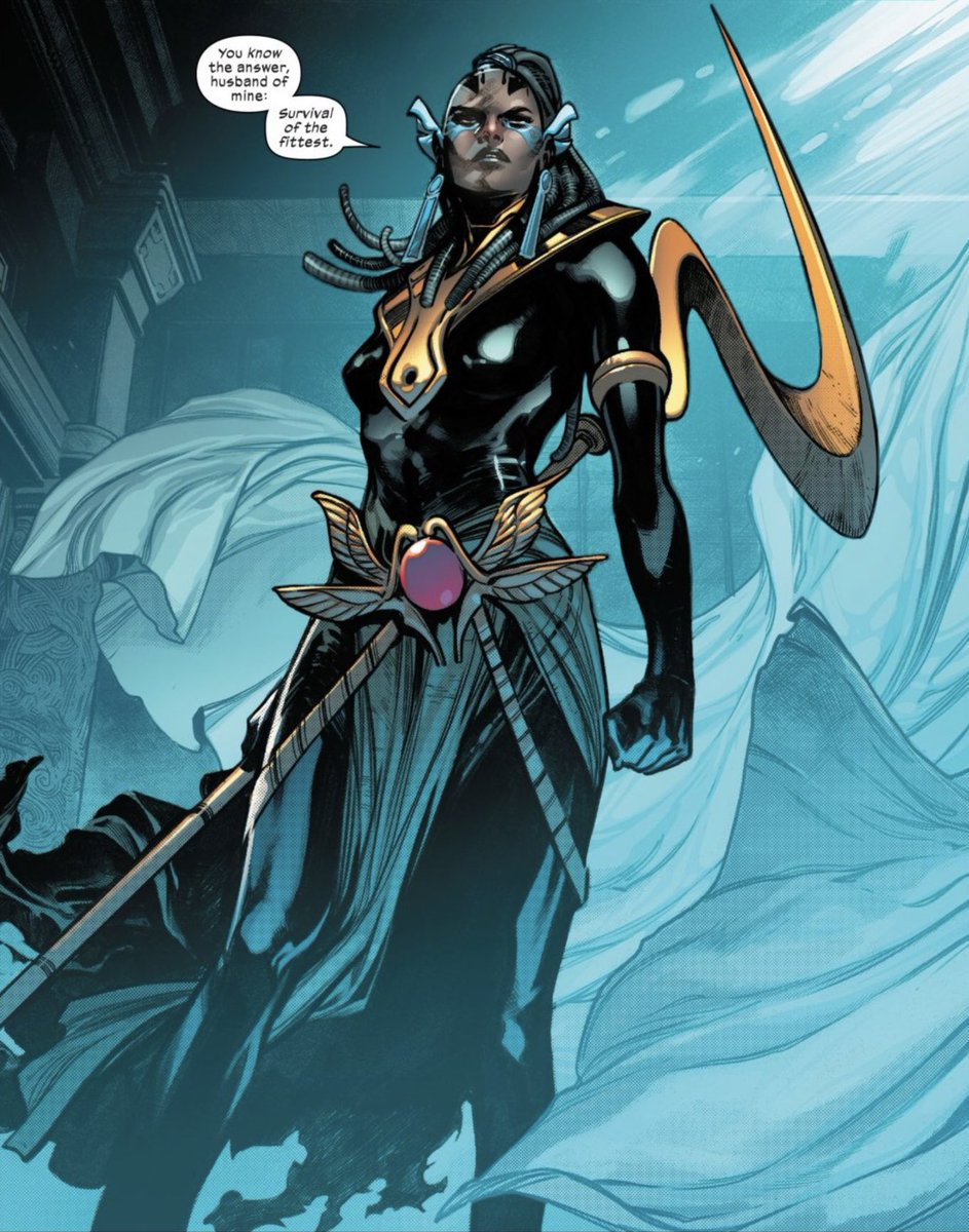 prfxsnatchedwig's tweet photo. #MutantSpotlight on #OmegaMutants: Genesis, Ruler of Arakko

Genesis, an Omega-level mutant from the X-Men universe, is a pivotal character who combines ancient mysticism with formidable mutant powers. Introduced in the "X of Swords" event by Jonathan Hickman and illustrated by Pepe Larraz and Leinil Francis Yu, Genesis is the wife of the legendary Apocalypse and ruler of the ancient mutant land of Okkara, later known as Arakko.

As an Omega Level mutant, Genesis wields powers that distinguish her as uniquely powerful. One of her most intriguing abilities is chlorokinesis, which allows her to control plant life, manifesting as an emerald aura shaped like the Eye of Horus from her hands. This ability even extends to microscopic levels, enabling her to spy on others through the flora within their bodies—a power she used strategically during her reign.

Genesis is also blessed with advanced longevity, living for thousands of years, which has allowed her to witness and influence significant epochs in mutant history. Her combat skills are not to be underestimated either, especially her mastery of sword fighting, which proved crucial in her battles against the forces of Amenth and the dark god Annihilation.

Her equipment includes the Golden Helm of Annihilation, which, once worn, bestows upon her the ability to control the dimension of Amenth and its daemon hordes. Although this power came at a great personal cost, Genesis' story is one of resilience. After a fierce battle, she was forced to wear the helm to control the chaotic forces within Amenth, although she initially resisted its overwhelming influence.

Genesis' saga is marked by tragedy, warfare, and brief moments of triumph. Her leadership during the sealing of Arakko in Amenth, her confrontations in the Hall of Annihilation, and her pivotal role in the "X of Swords" tournament highlight her strategic mind and warrior spirit.

Genesis played a central and complex role in the Arakko Civil War, highlighting her transformation under the influence of the Golden Helm of Annihilation and the profound impact of her leadership decisions on the mutant society of Arakko. Initially revered as a formidable leader and the wife of Apocalypse, Genesis' leadership took a dark turn when she donned the Golden Helm to control the hordes of Amenth. This act, necessary to maintain control over the chaotic forces within Amenth, led to her possession by the dark god Annihilation. Under its influence, Genesis implemented aggressive, expansionist policies and adopted ruthless methods that deeply divided the mutants of Arakko. This division escalated tensions simmering due to scarce resources and the harsh realities of life in Amenth, sparking a civil war between those who supported her transformed leadership and those who opposed her tyrannical rule.

The civil war was characterized by brutal battles, utilizing mutant powers and the mystical artifacts of Amenth. As Genesis, now under the sway of Annihilation, pushed for dominance, dissenting factions rallied to resist her authoritarian control, leading to a significant internal struggle. This struggle was not merely for power but also for the ideological soul of Arakko, as combatants clashed over differing visions for their society's future. The climax of the conflict saw key figures within Arakko's leadership, including some of Genesis' own children, taking a stand against her, which ultimately reshaped the political landscape of Arakko. The resolution of the civil war paved the way for a period of reconstruction and reevaluation of values, as Arakko's mutants sought to heal from the deep wounds inflicted by the war and to forge a more unified community, mindful of the costs of internal strife and the dangers of absolute power.

#Genesis #OmegaMutant #XMen #MarvelComics #XofSwords #Arakko #MutantPolitics