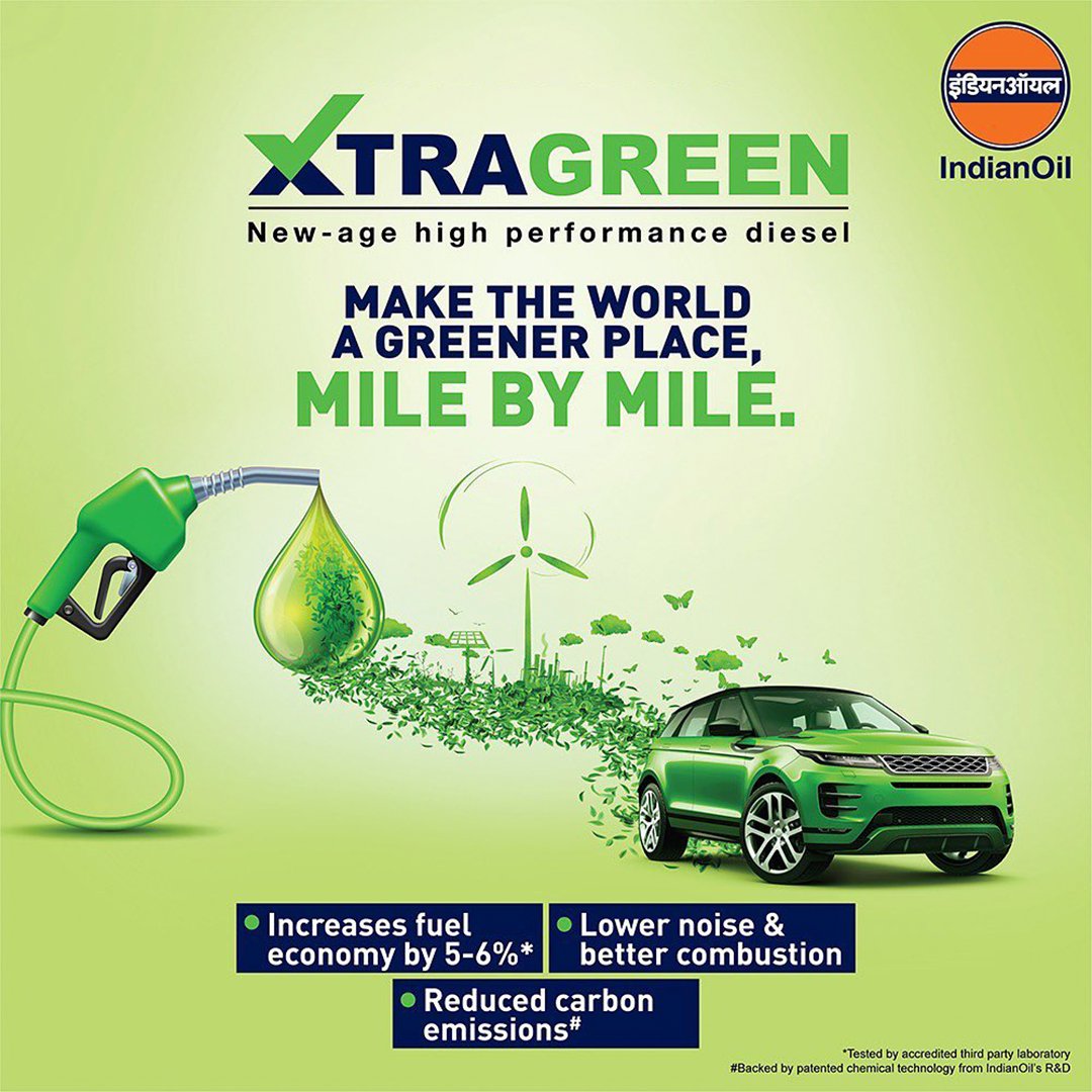 #XtraGreen, a new-age high-performance diesel. Offers reduced carbon emissions and improved fuel economy.