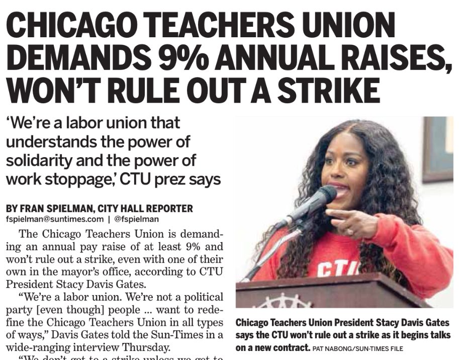 Give us 9% raises or your child can’t go to school and his/her chances of becoming a victim to street violence will increase exponentially. The CTU is destroying Chicago.