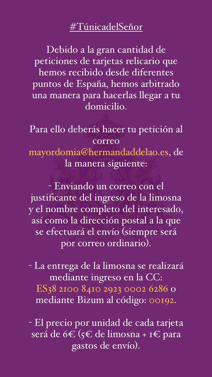 #TúnicadelSeñor Debido a la gran cantidad de peticiones de tarjetas relicario que hemos recibido desde diferentes puntos de España, hemos arbitrado una manera para hacerlas llegar a tu domicilio.