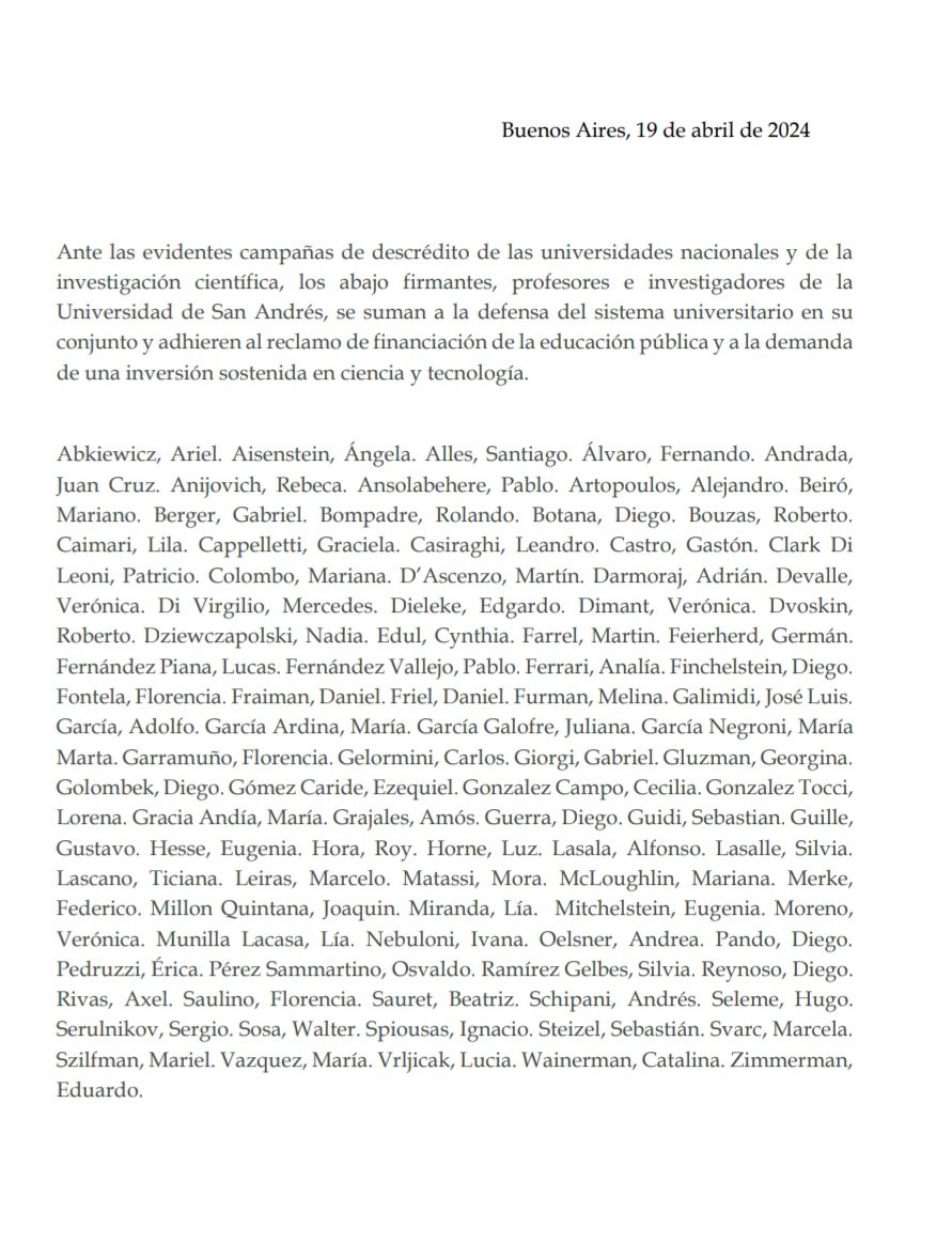 Ante las campañas de descrédito de las universidades nacionales y de la investigacion científica, 90 profesores e investigadores de la Universidad de San Andres nos sumamos a la defensa del sistema universitario y al reclamo de una inversión sostenida en educación y ciencia