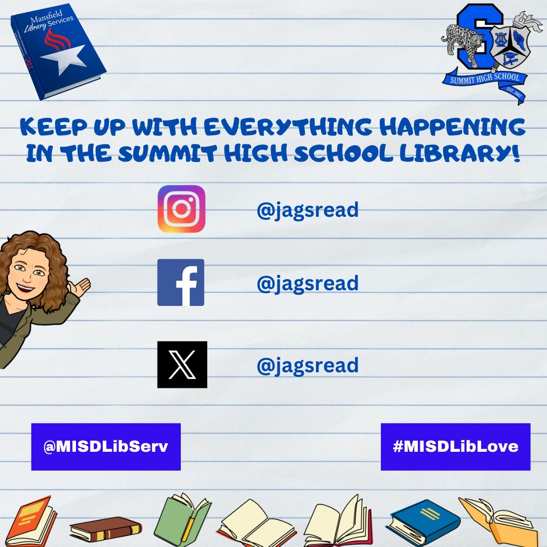 Follow the Summit HS library @jagsread #teacherlibrarians #LifeReady #Vison2030 #MisdLibLove #SchoolLibraryMonth24 
@MansfieldISD