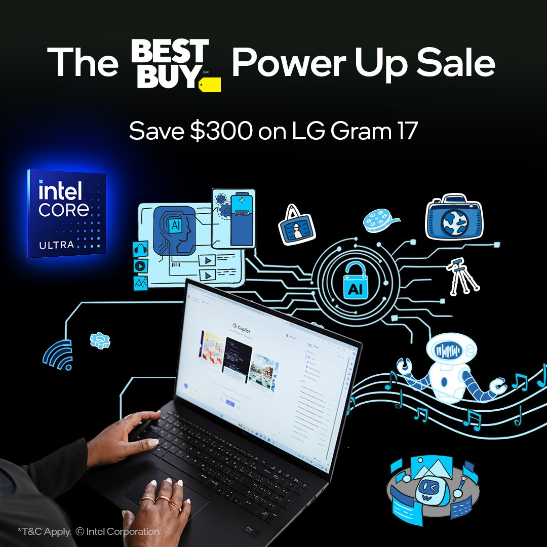 Thinking about making the upgrade to a brand new laptop? Say hello to the Power Up Sale! 👋 Save on the versatile, lightweight and durable @LGCanada Gram 17” laptop powered by #IntelCoreUltra 7 at @BestBuyCanada today: intel.ly/4bkFBhp