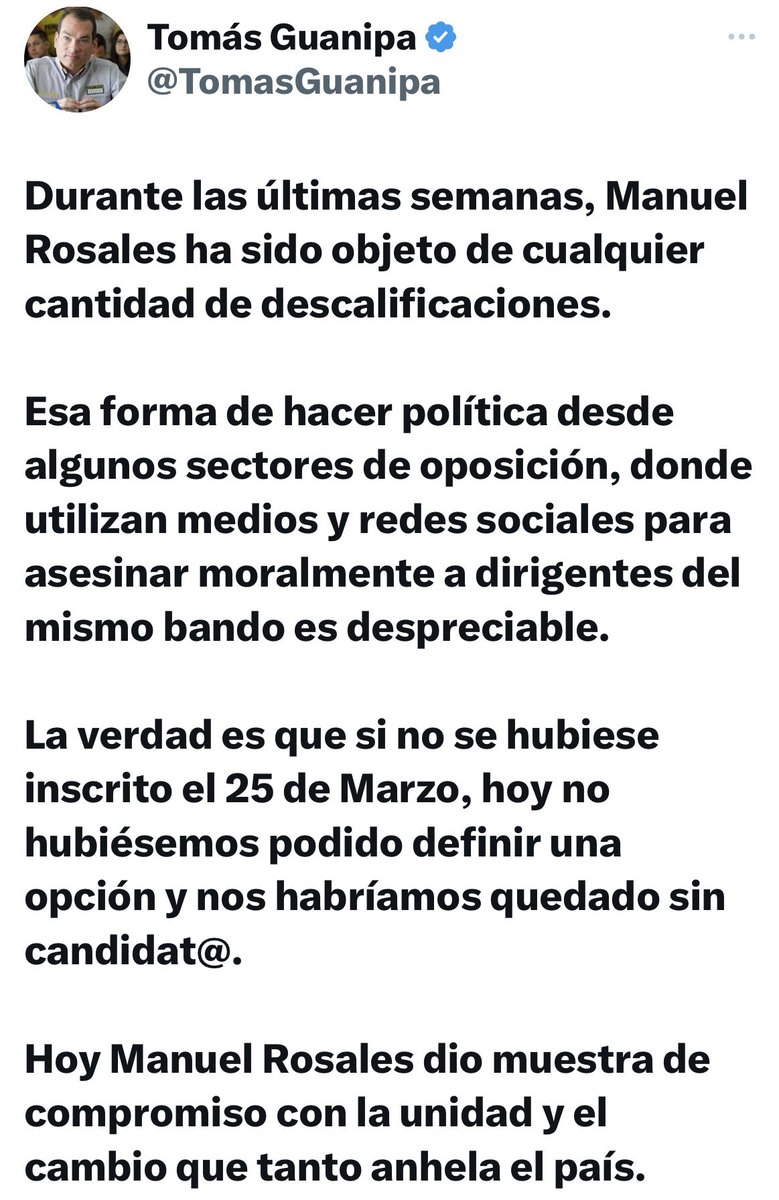 Tomás Guanipa, líder de PJ: “Durante las últimas semanas, Manuel Rosales ha sido objeto de cualquier cantidad de descalificaciones… La verdad es que si no se hubiese inscrito el 25 de Marzo, hoy no hubiésemos podido definir una opción y nos habríamos quedado sin candidat@…”.