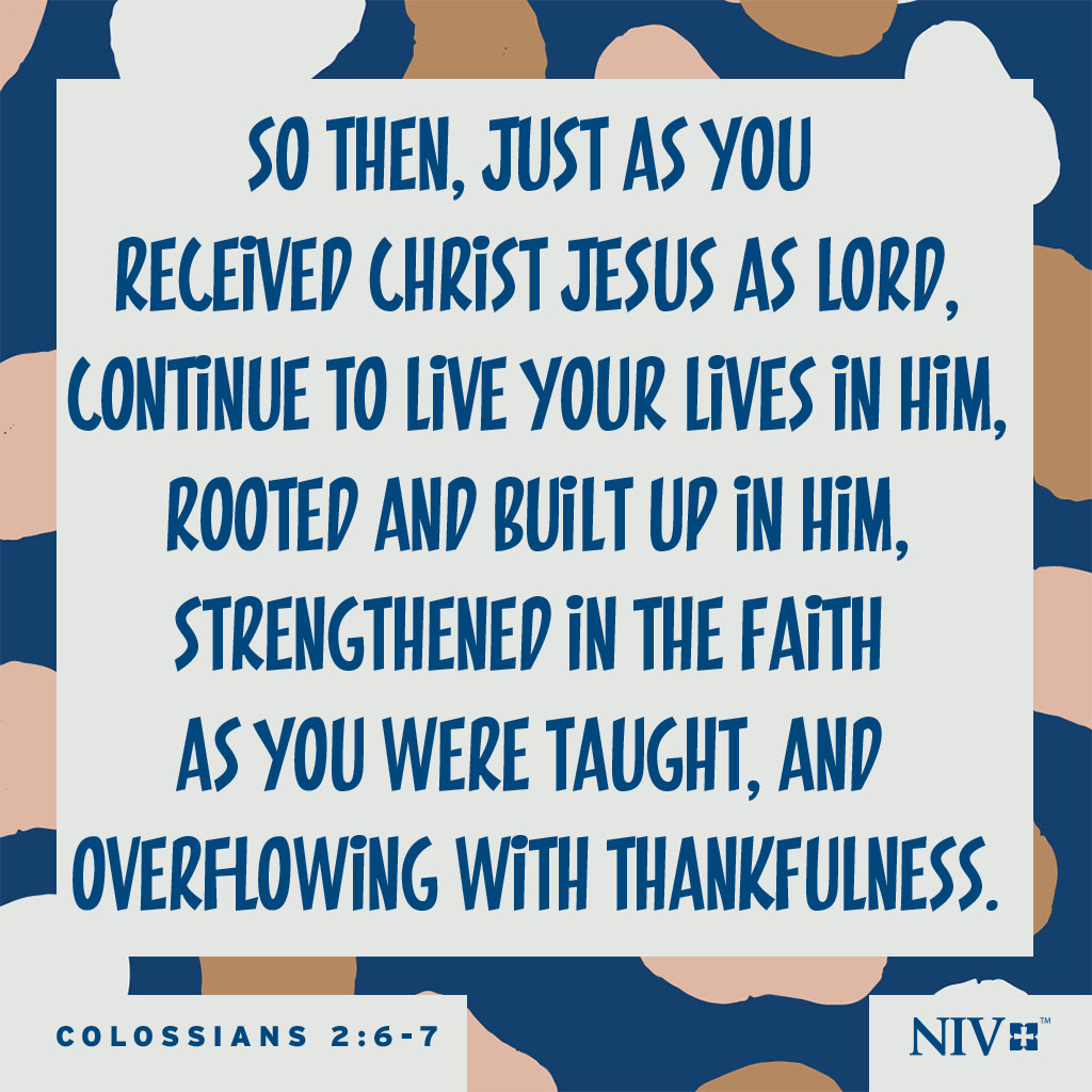 So then, just as you received Christ Jesus as Lord, continue to live your lives in him, rooted and built up in him, strengthened in the faith as you were taught, and overflowing with thankfulness. Colossians 2:6-7 #niv #verseoftheday #nivbible #votd