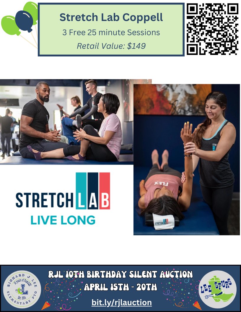 Thank you to our partners @stretchlab Coppell! Bid now for 3 FREE 25-minute stretches and unlock a new level of wellness. Say goodbye to stiffness and hello to vitality with personalized stretching sessions. bit.ly/rjlauction #RJ10VE