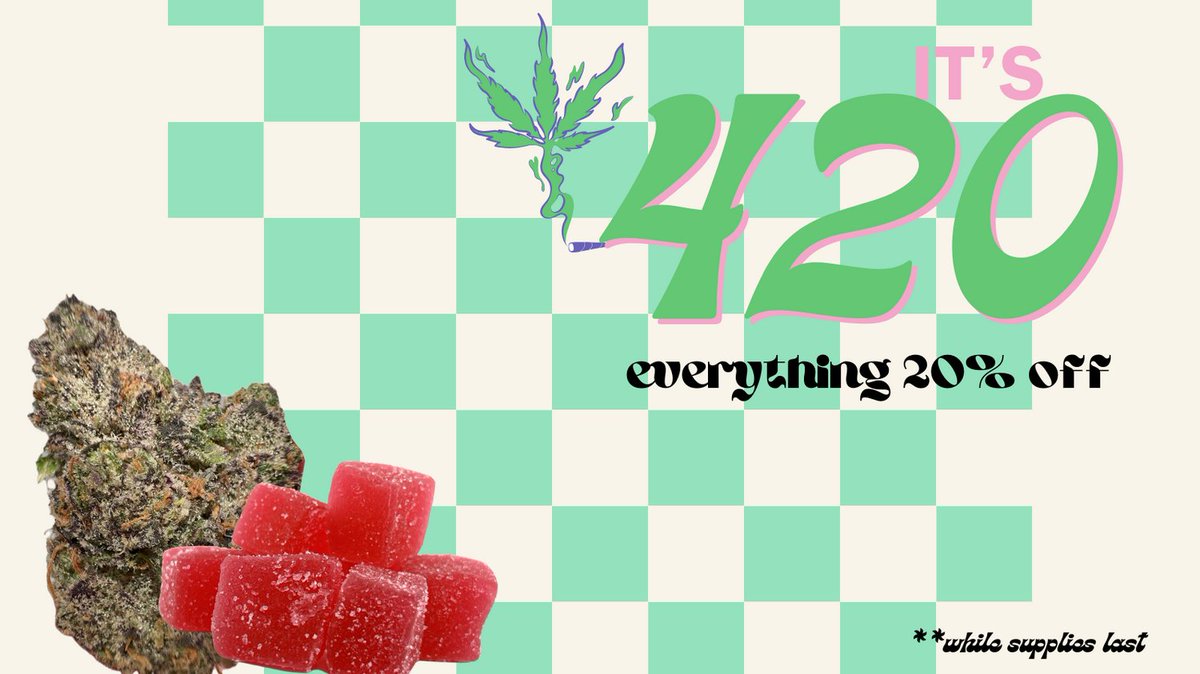 wethinkcanna's tweet photo. ✨🍃✨Happy 420 to all you stoners, potheads, and Green Gods and Goddesses! Come celebrate with us today for a smokin' good time✨🍃✨

#think #cannabis #thinkcannabis #420 #20 #edibles #thca #hemp #flower #indica #hybrid #sativa #celebrate #happy420 #stoner #pothead https://t.co/Zmy8NgKRkB