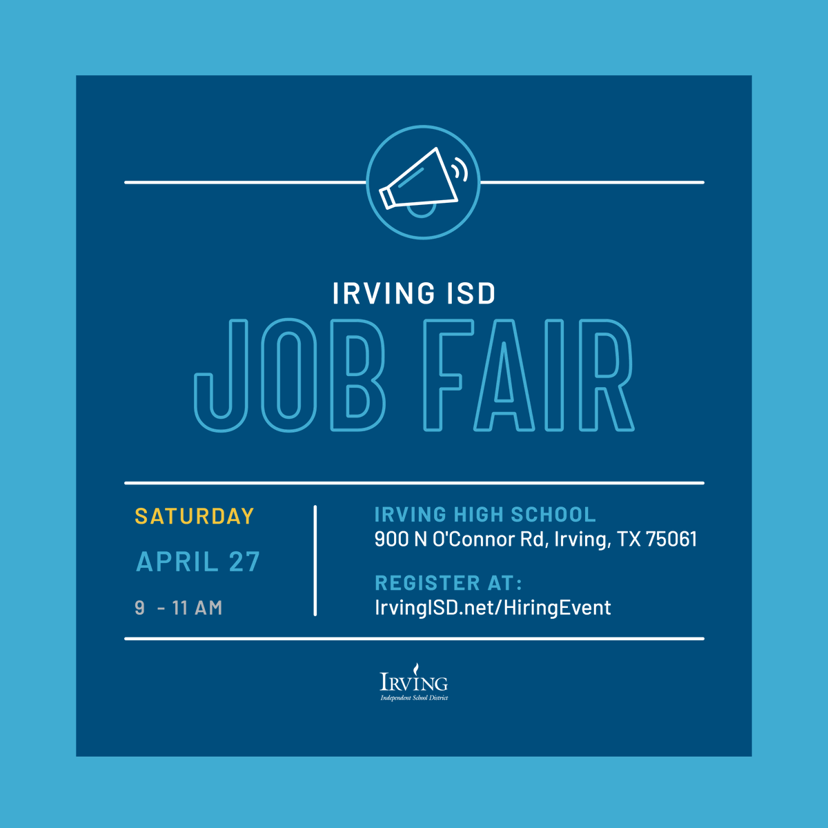 ‼️ONE WEEK AWAY‼️ Get ready for the Irving ISD job fair: 📆Saturday, April 27 ⏰9 to 11 AM 📍@IrvingHigh Register for the job fair today at IrvingISD.net/HiringEvent. We hope to see you soon! 👋