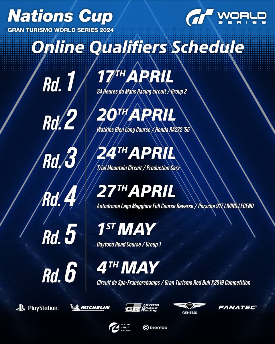 The excitement is on! #GTWorldSeries 2024 #NationsCup Online Qualifiers just started. Don't miss out! Mark your calendars and show your skills.
#GTWS 2024 #GT7 #GranTurismo