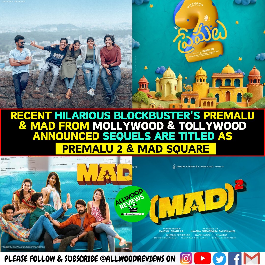 Recent Hilarious blockbusters from #Tollywood and #Mollywood films #Premalu & #MAD announced their sequels titled as #Premalu & #MADSquare 

Which one are you excited about? Please comment .