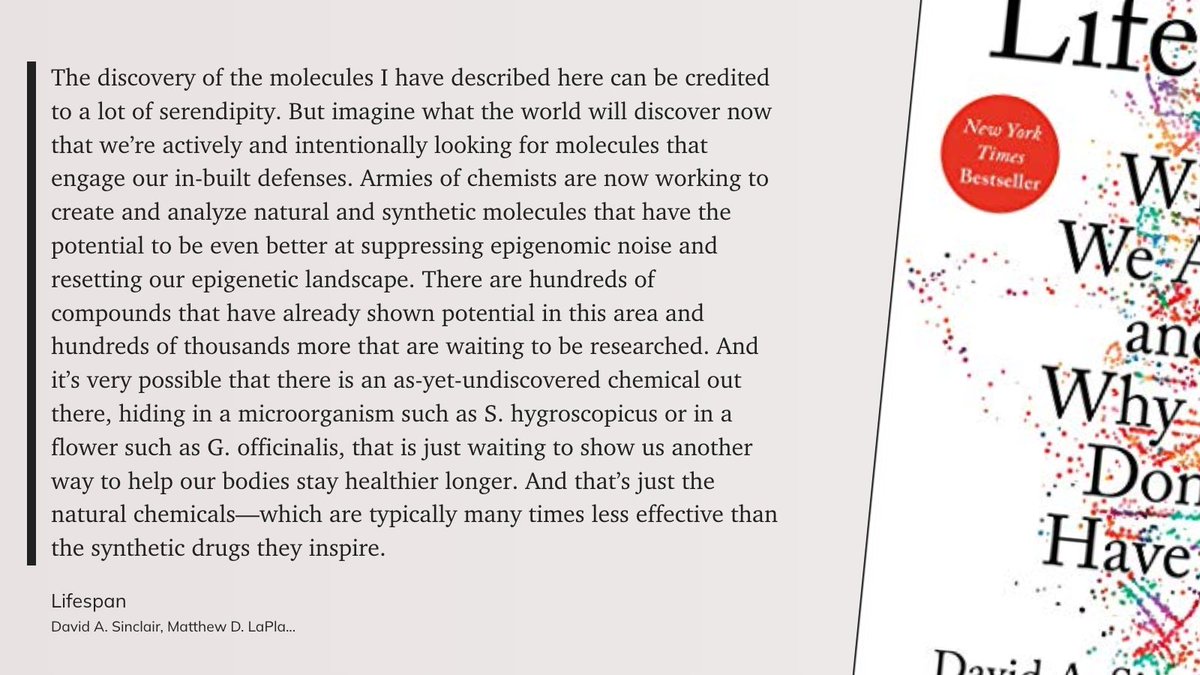 AaronFeigelman's tweet photo. From @davidasinclair.

"there is an as-yet-undiscovered chemical out there, hiding in a microorganism...or in a flower.. that is just waiting to help our bodies stay healthier longer"

These chemicals are often found in rainforests -- an  important reason to fight deforestation! https://t.co/TallS1tW52