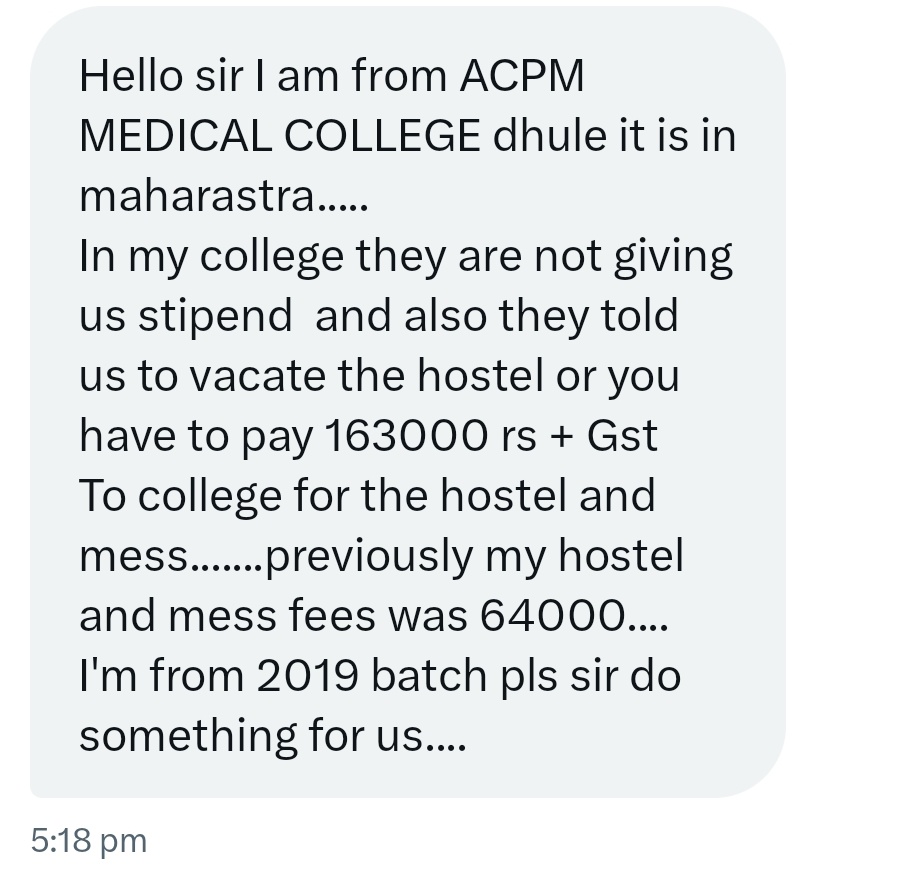 STIPEND SCAM  Continues..

Meet ACPM medical college & Hospital ,#Dhule 

Managements are not providing any Stipend to interns ...
&  Suddenly  Also increased their Hostel fees  64000 ---163000/-

#MedTwitter @CMOMaharashtra
@mansukhmandviya @narendramodi @mataonline
