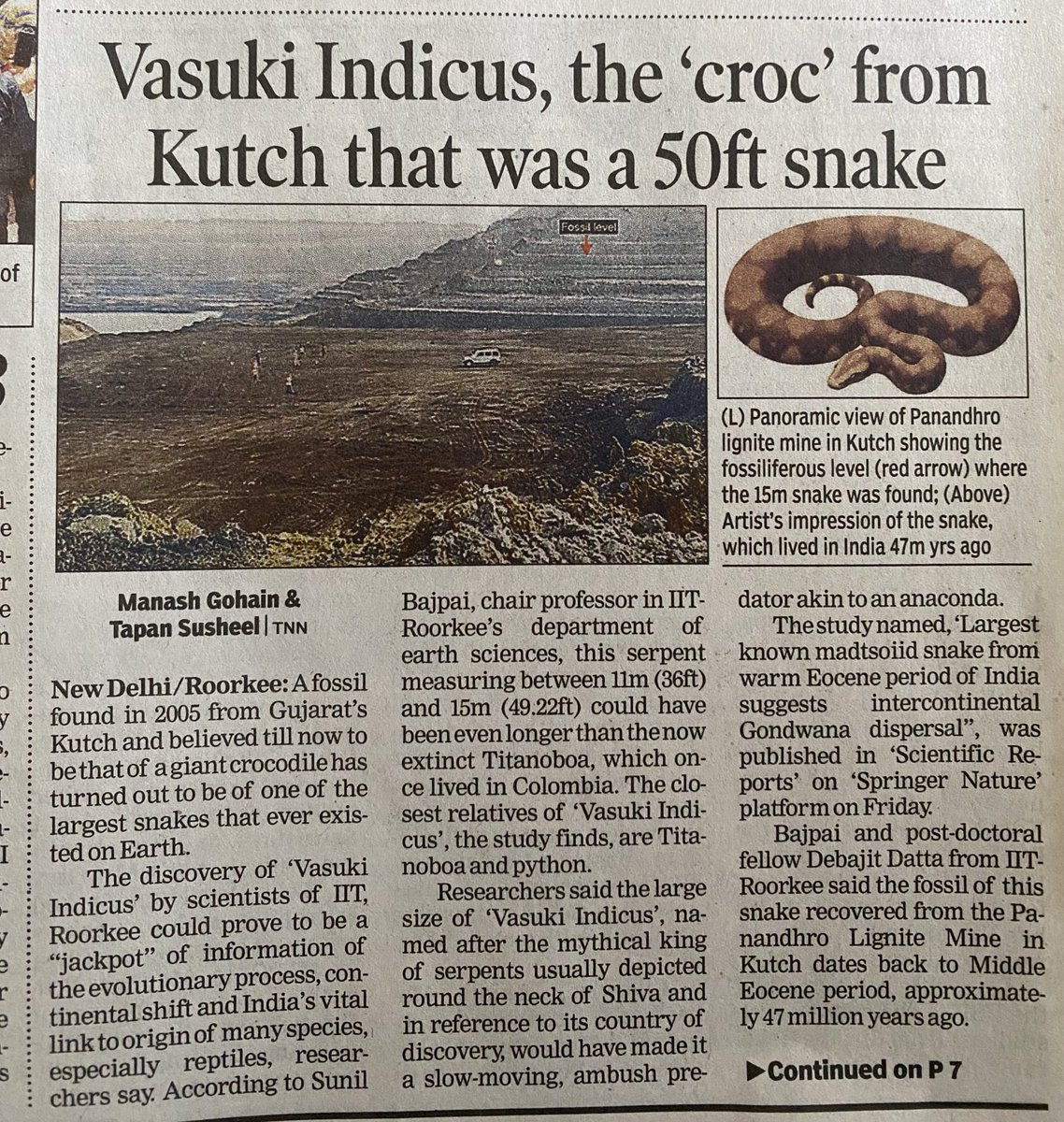 Vasuki Indicus 🐍
#Snake 
IIT Roorkee Prof Sunil Bajpai & Debajit Datta discovered Vasuki Indicus, a 47 Million Year old snake species in Kutch, Gujarat, India 🇮🇳 Estimated at 11-15 m, this extinct snake sheds light on India prehistoric biodiversity.

50ft Snake ☠️ bigger than